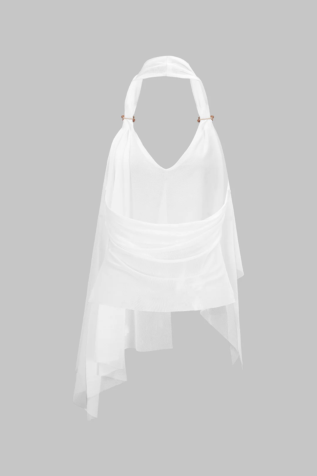 Mesh Halter V-Neck Asymmetrical Backless Ruched Cami Top - Image 6