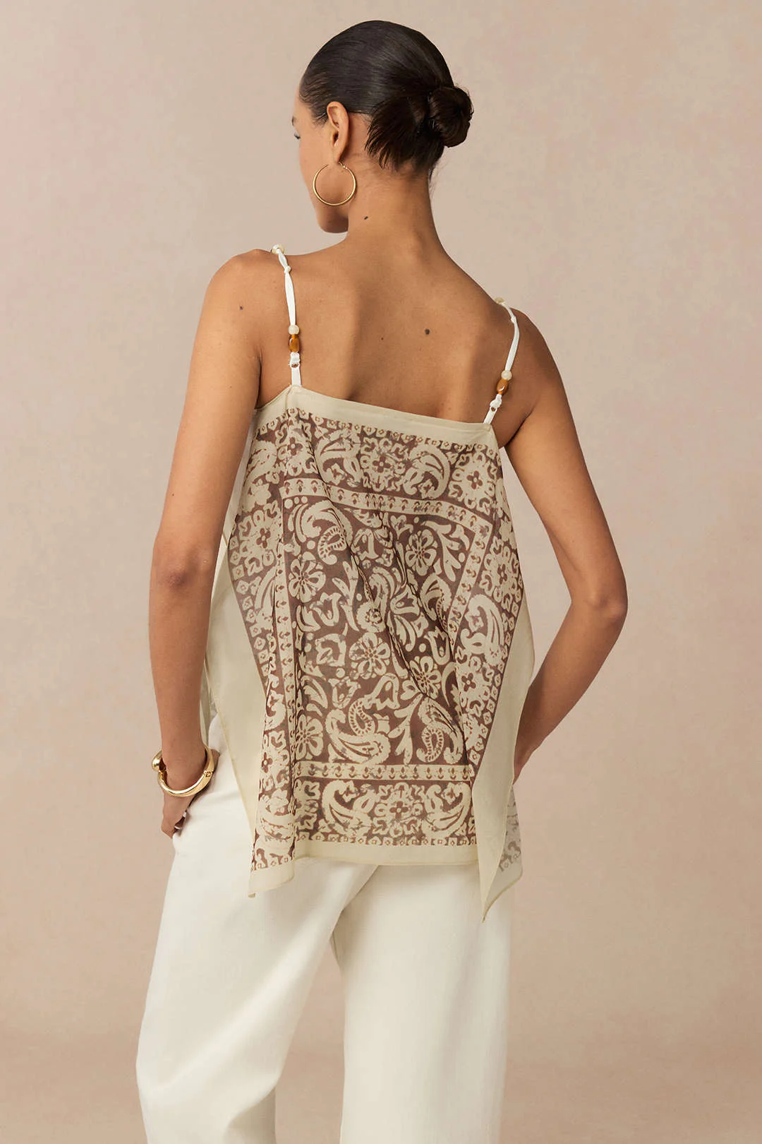 Artistic Print Satin Patchwork Chiffon Beaded Cami Top - Image 2