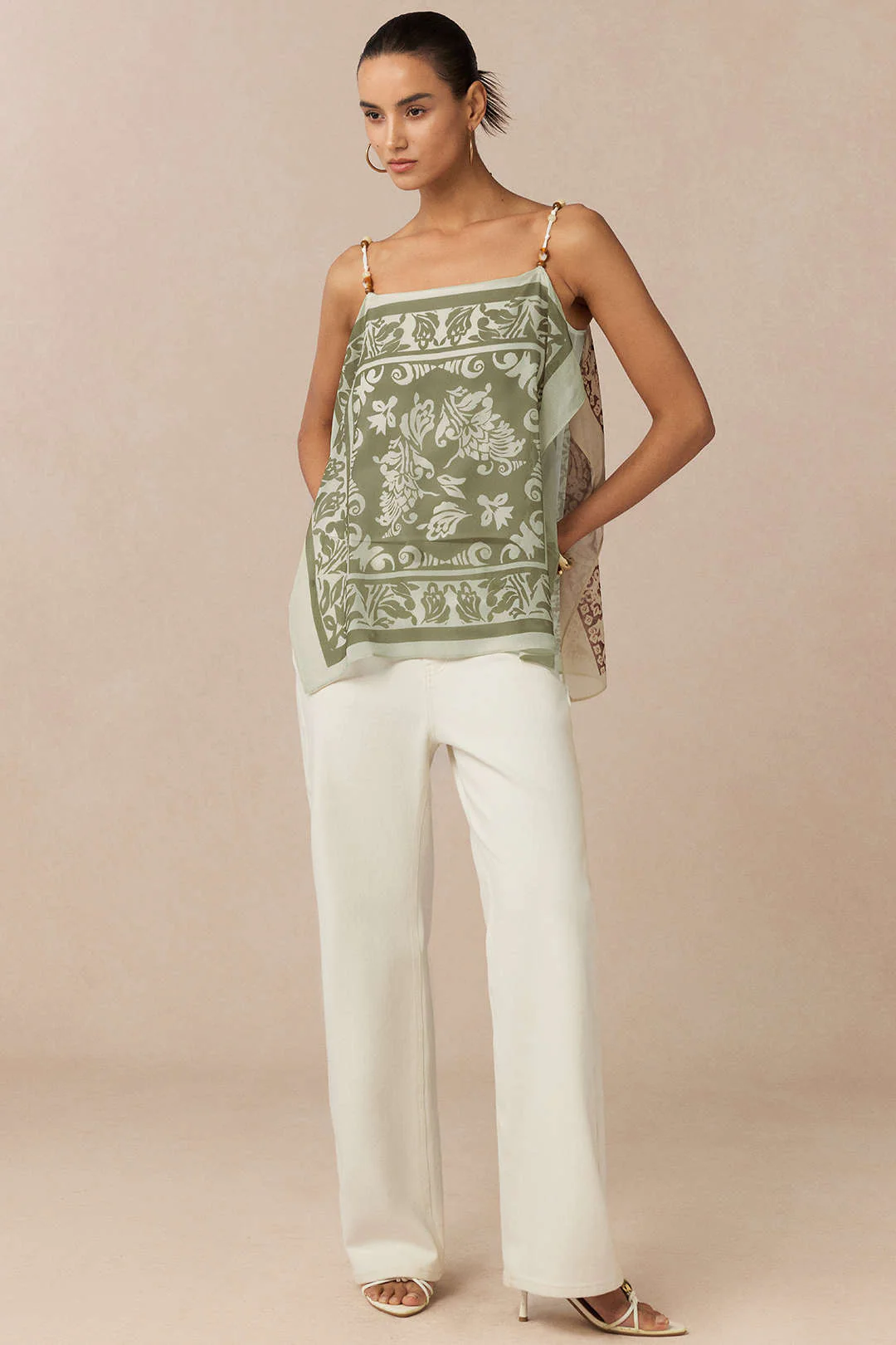 Artistic Print Satin Patchwork Chiffon Beaded Cami Top - Image 4