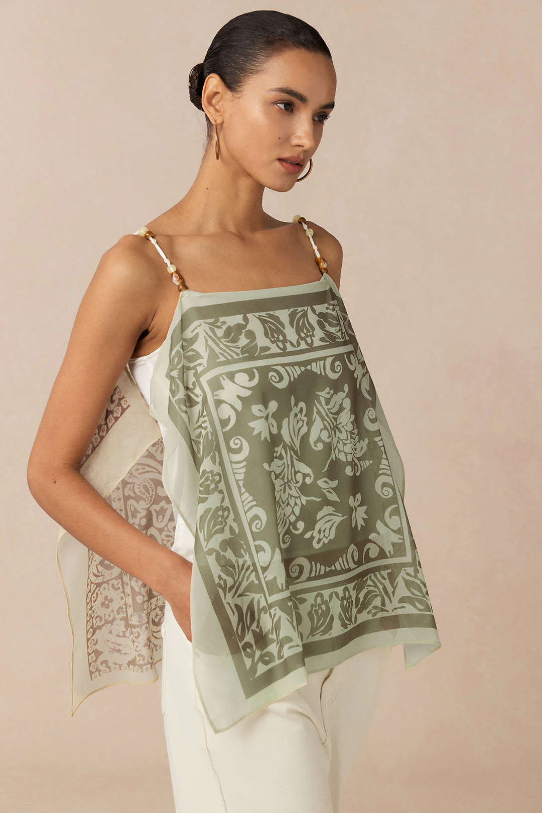 Artistic Print Satin Patchwork Chiffon Beaded Cami Top - Image 5