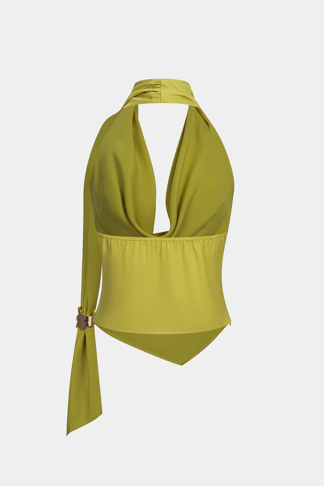 Halter Draped Cowl Neck Ruched Backless Asymmetrical Tank Top - Image 2