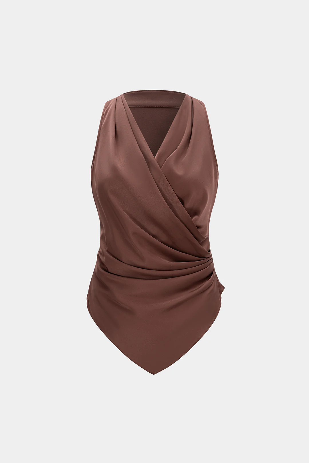 Satin Crossed V-Neck Asymmetrical Ruched Tank Top