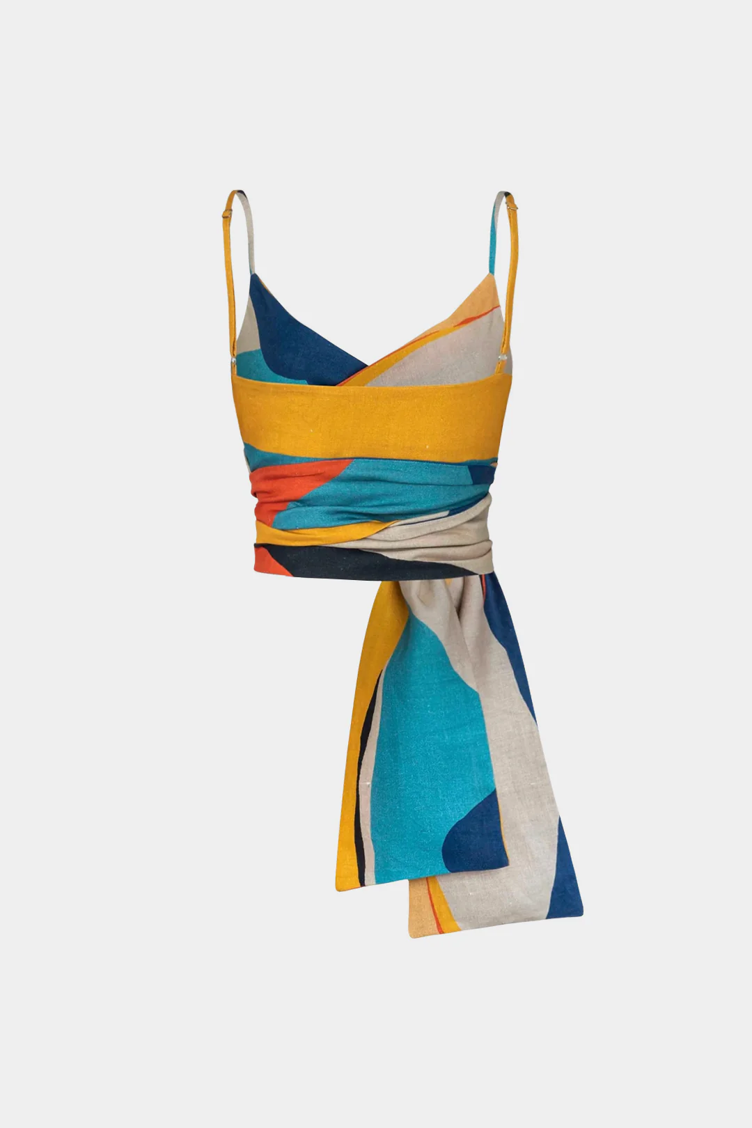 Geometric Print Linen Knotted Ruched Cami Top - Image 2