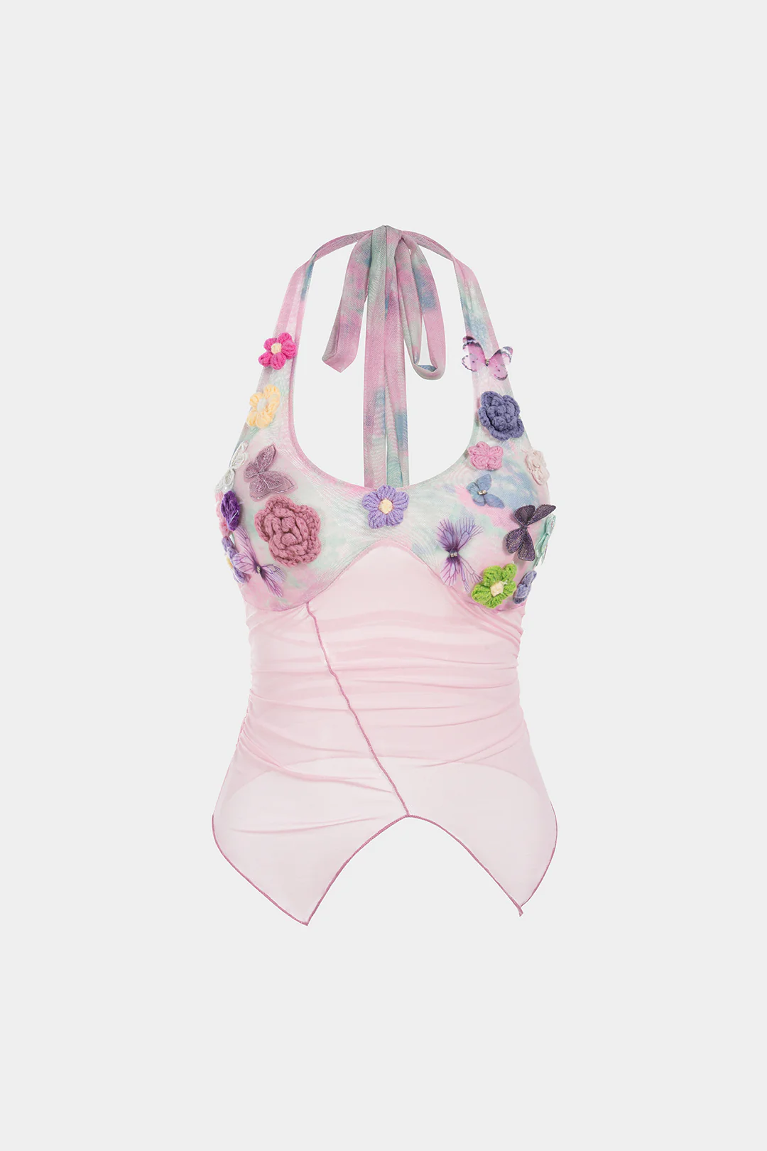 Tie Dye Print Mesh 3D Floral Halter Neck Tie-Up Cami Top
