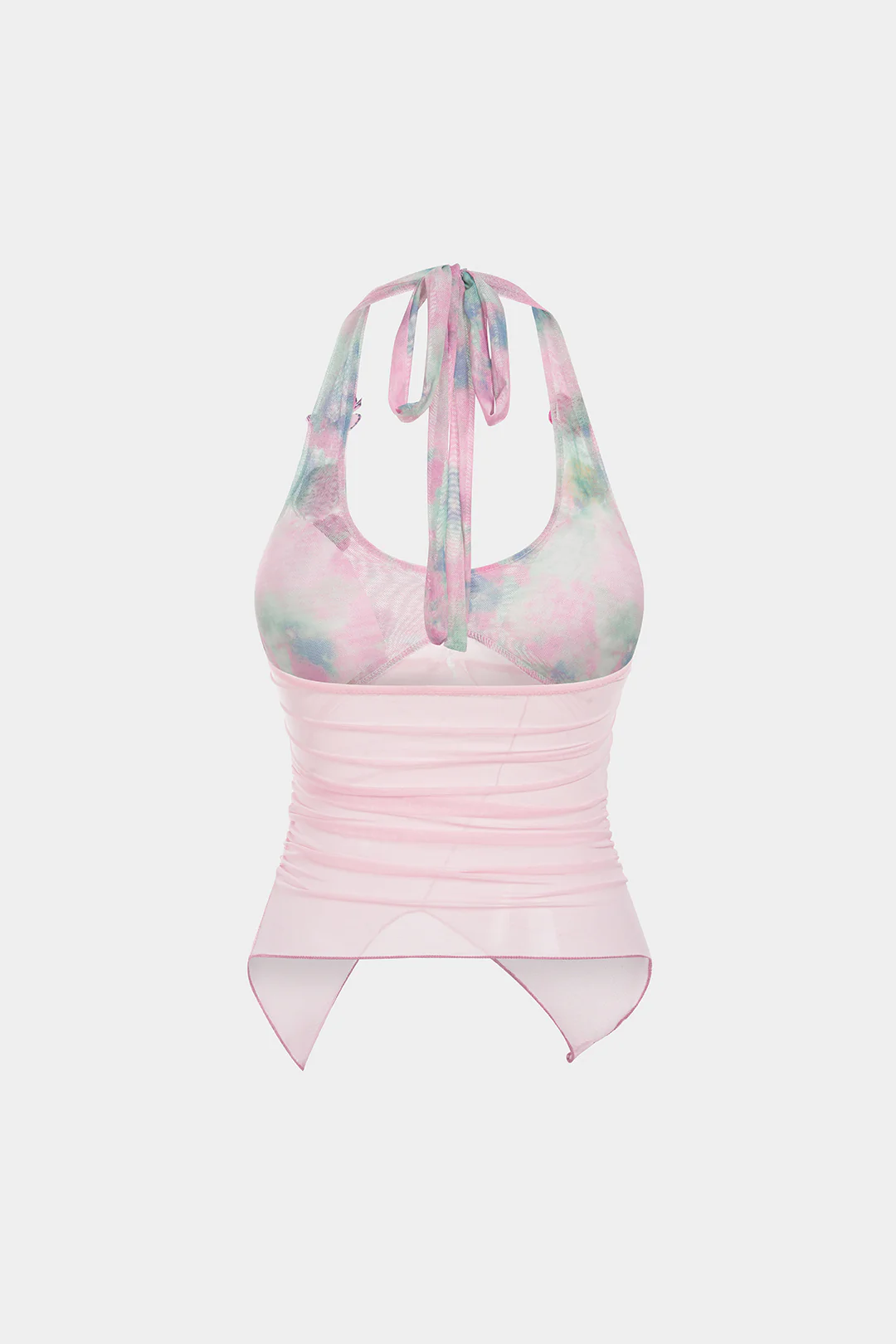 Tie Dye Print Mesh 3D Floral Halter Neck Tie-Up Cami Top - Image 2