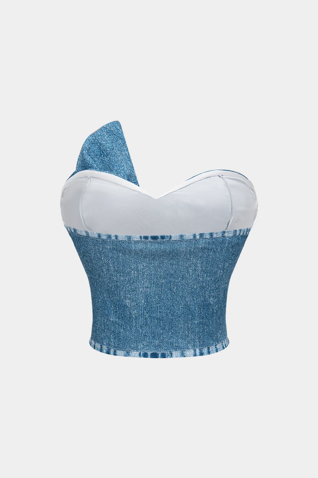 Denim Print Asymmetrical Twist Knot Strapless Tube Top - Image 2