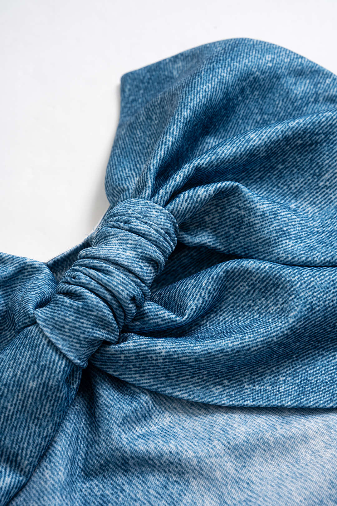 Denim Print Asymmetrical Twist Knot Strapless Tube Top - Image 3