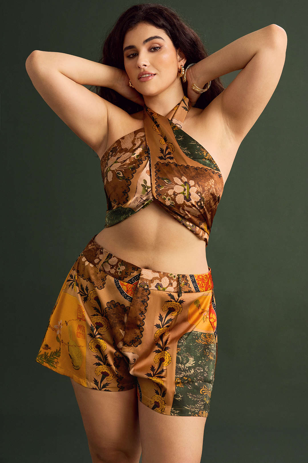 Plus Size Retro Print Satin Tie Front Tube Top - Image 8