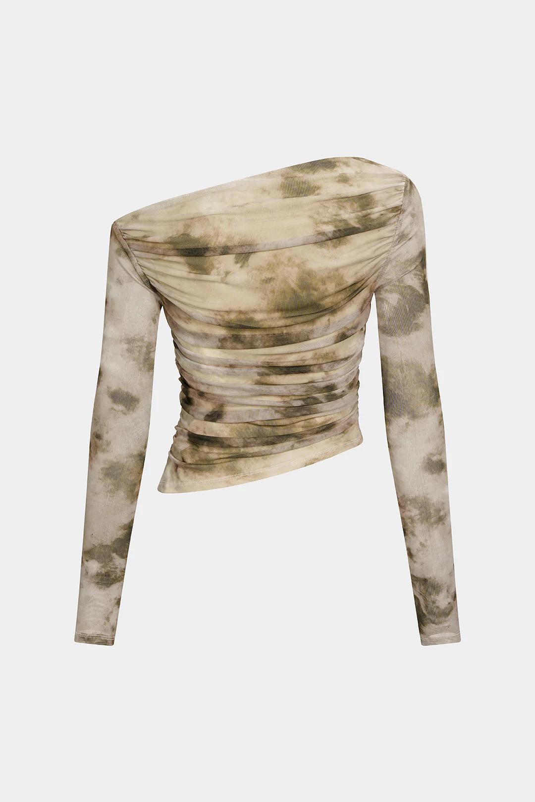 Abstract Print Mesh Off Shoulder Ruched Asymmetrical Long-Sleeve Top - Image 2