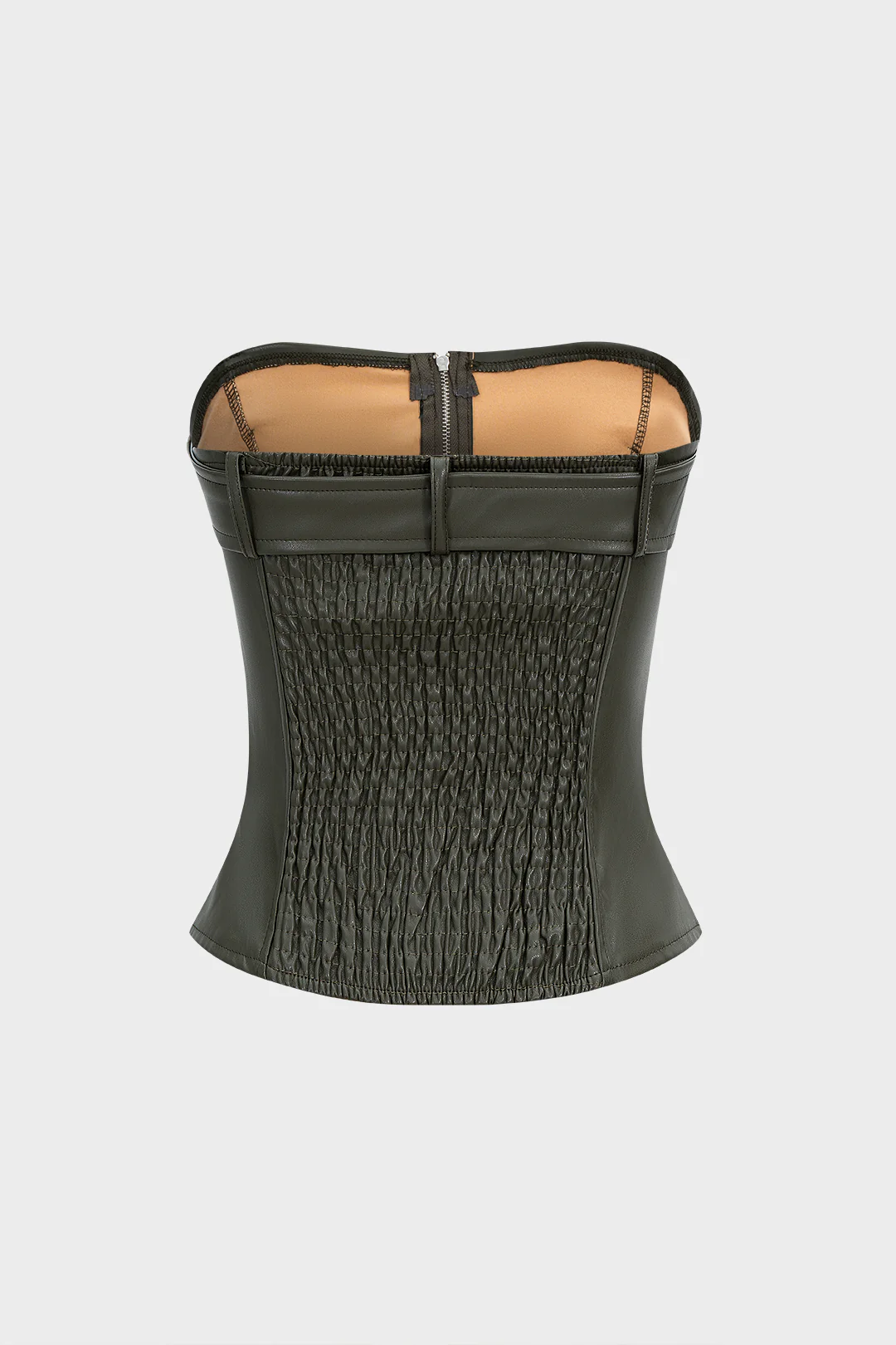 Faux Leather Smocked Strapless Belted Zipper Tube Top - Image 2