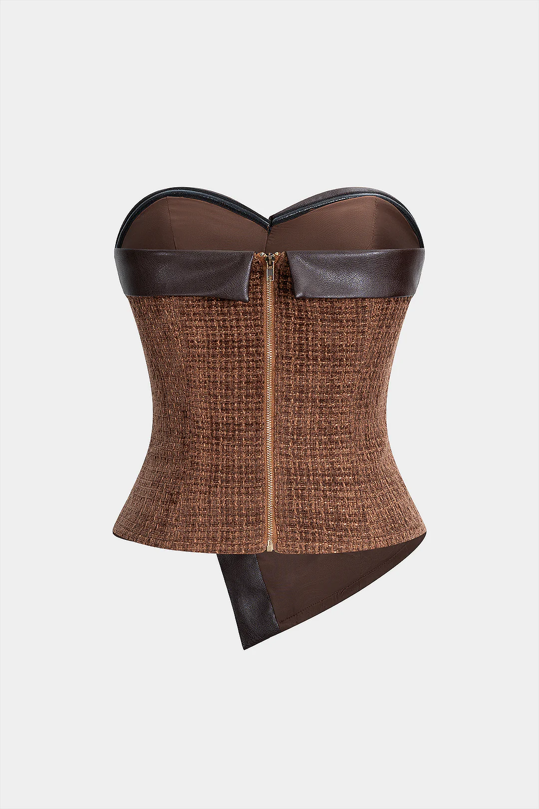 Faux Leather Patchwork  Asymmetrical Button Zipper Tube Top - Image 2