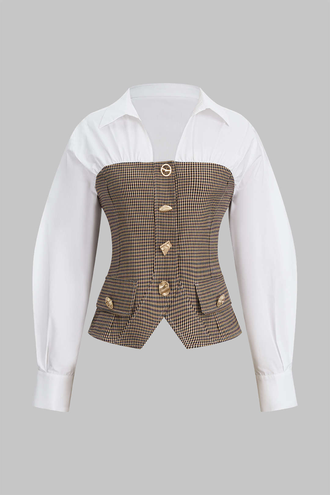 Plaid Print Irregular Button Zipper Long-Sleeved Top - Image 3
