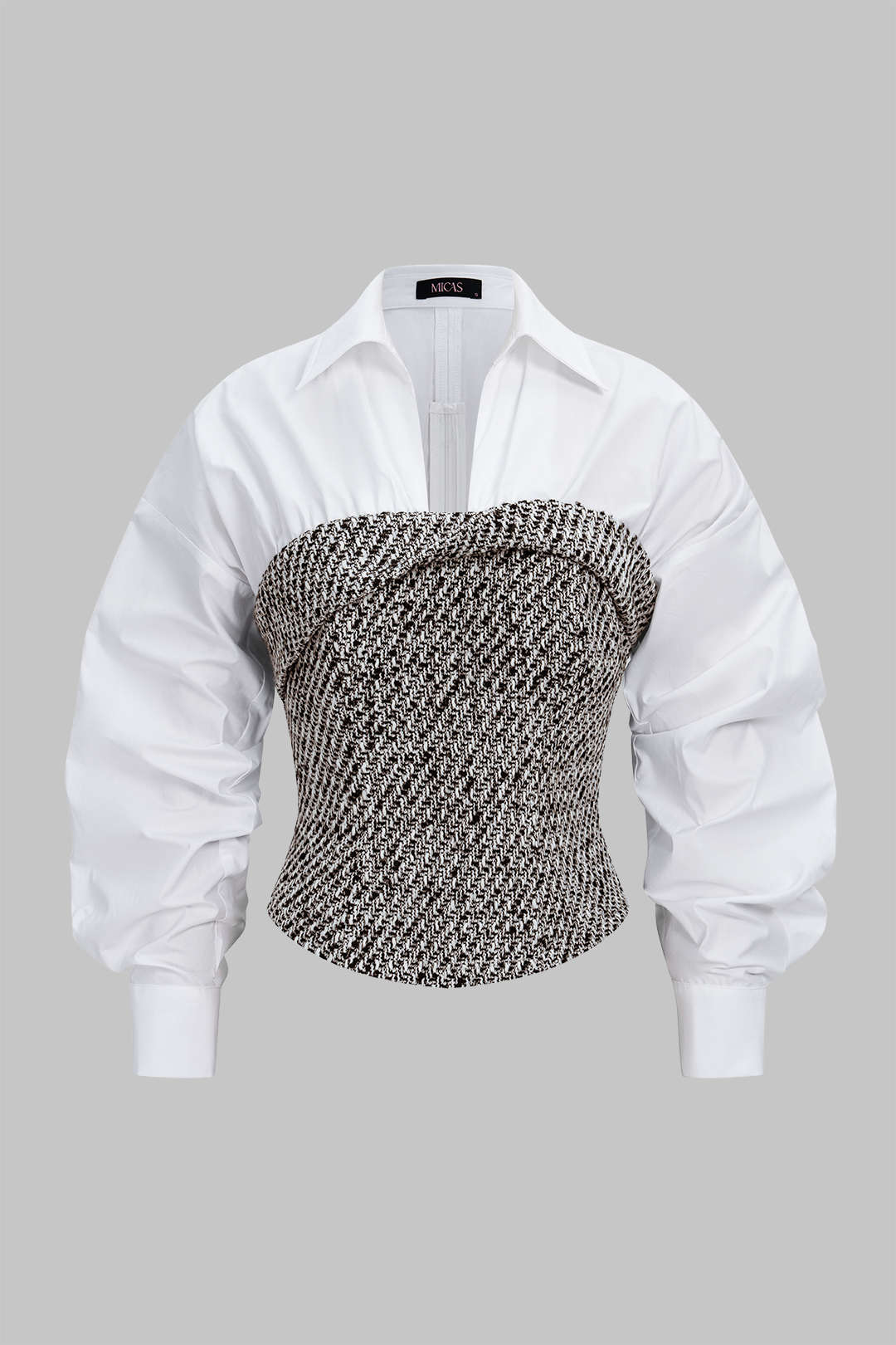 Tweed Patchwork Asymmetrical Gigot Long-Sleeve Shirt - Image 7