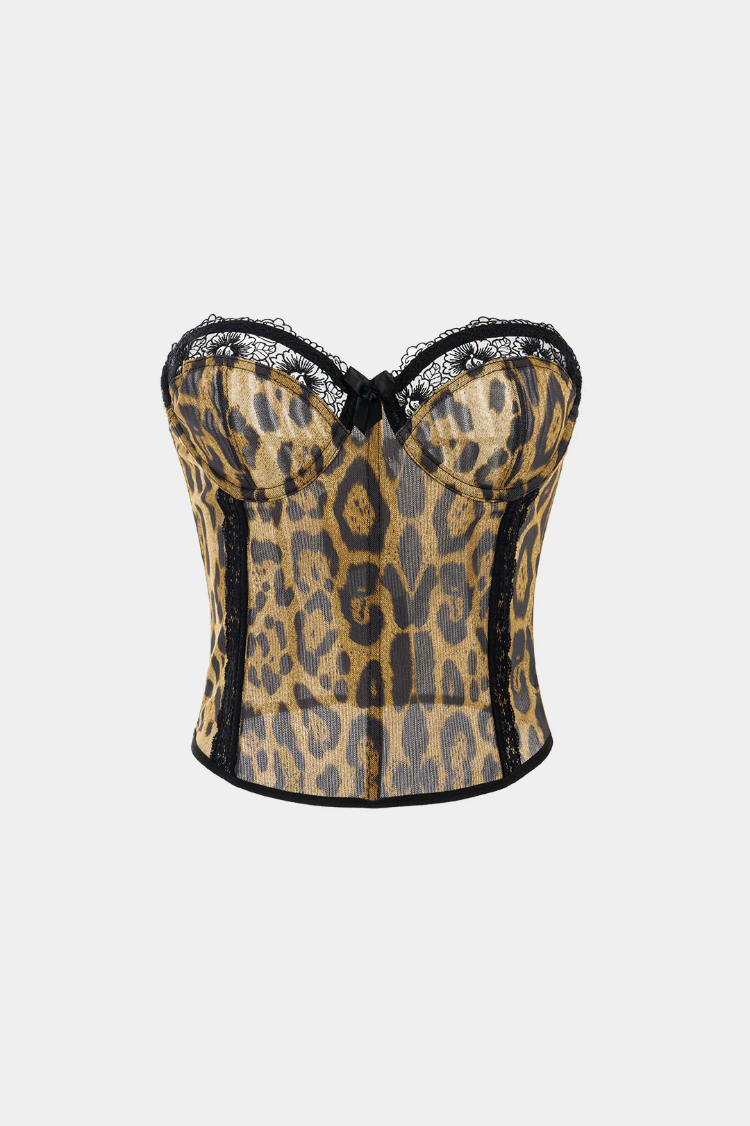 Leopard Print Lace Trim Bow Corset Tube Top