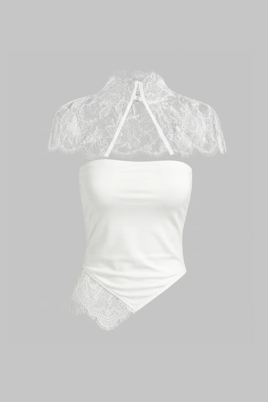 Lace Trim Patchwork Asymmetrical Tube Top With Sheer Shawl - Image 7