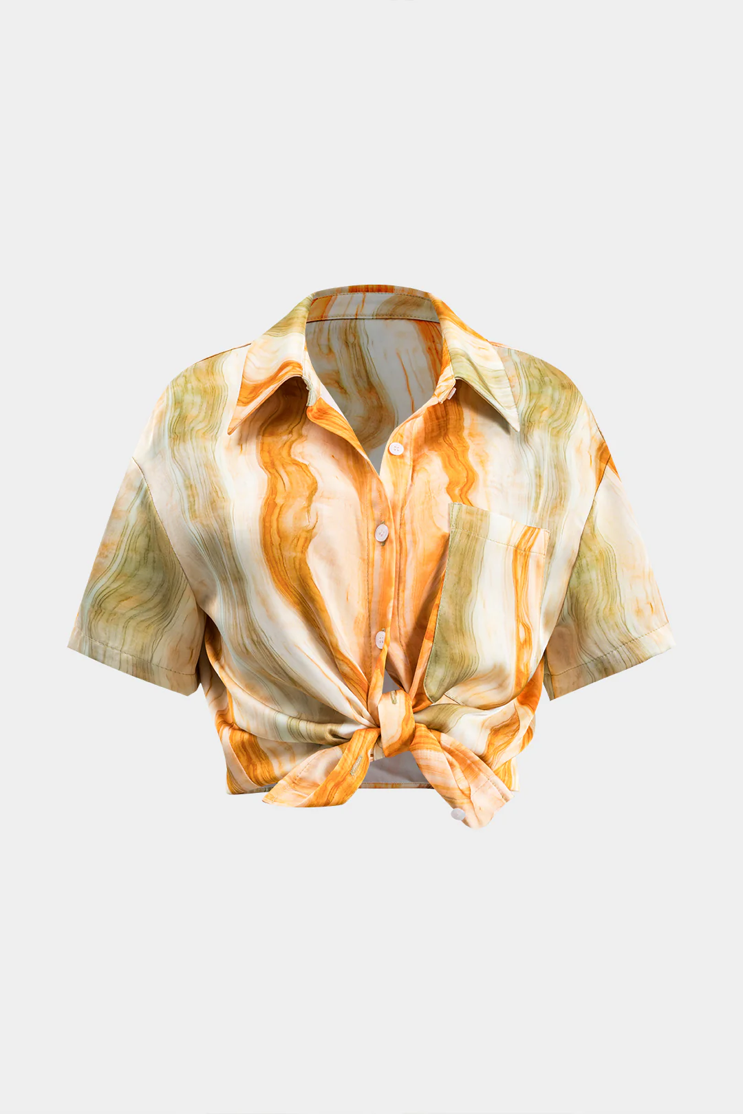 Marble Print Tie Front Button Pocket Short-Sleeve Shirt