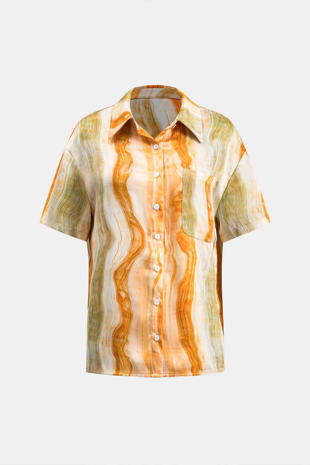 Marble Print Tie Front Button Pocket Short-Sleeve Shirt - Image 2