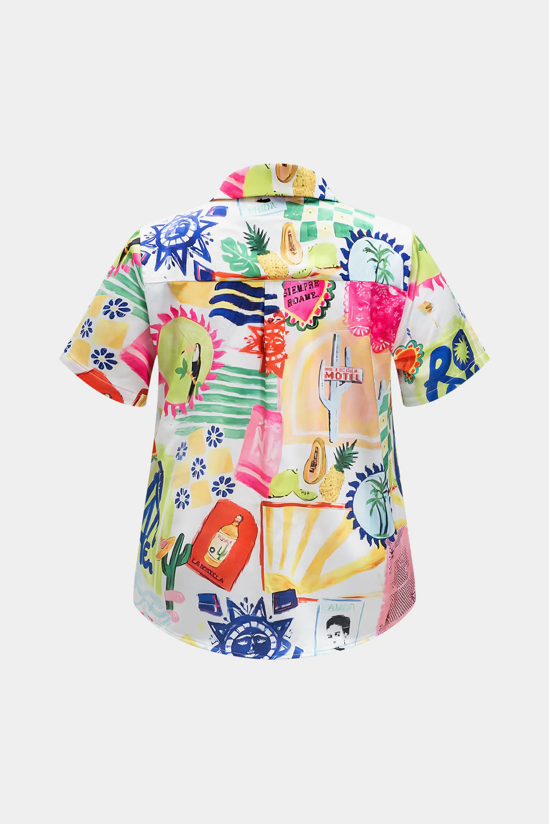 Plus Size Satin Pop Art Pattern V-Neck Short-Sleeve Shirt - Image 3