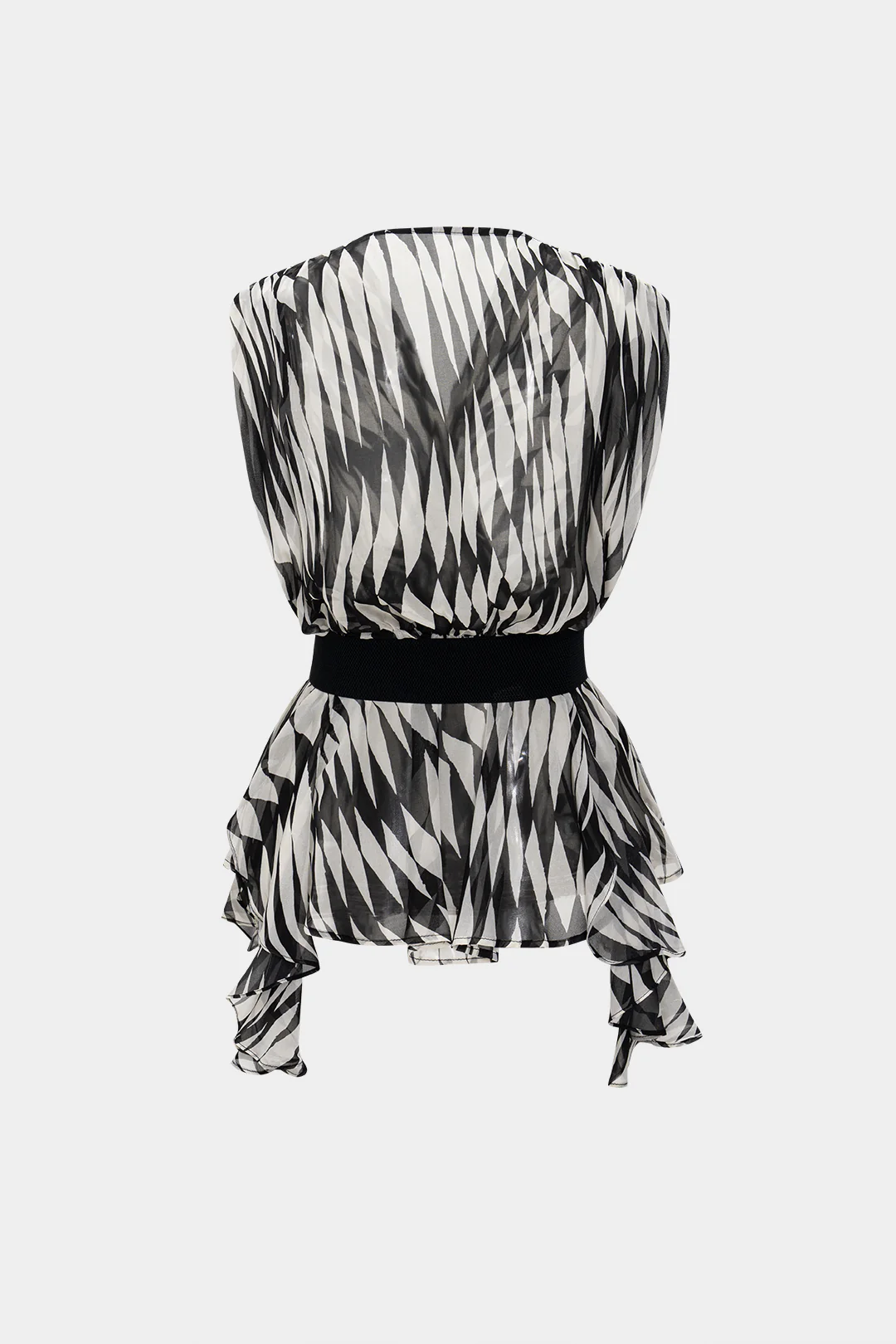 Zebra Stripe Print V-Neck Belted Short-Sleeve Shirt - Image 2