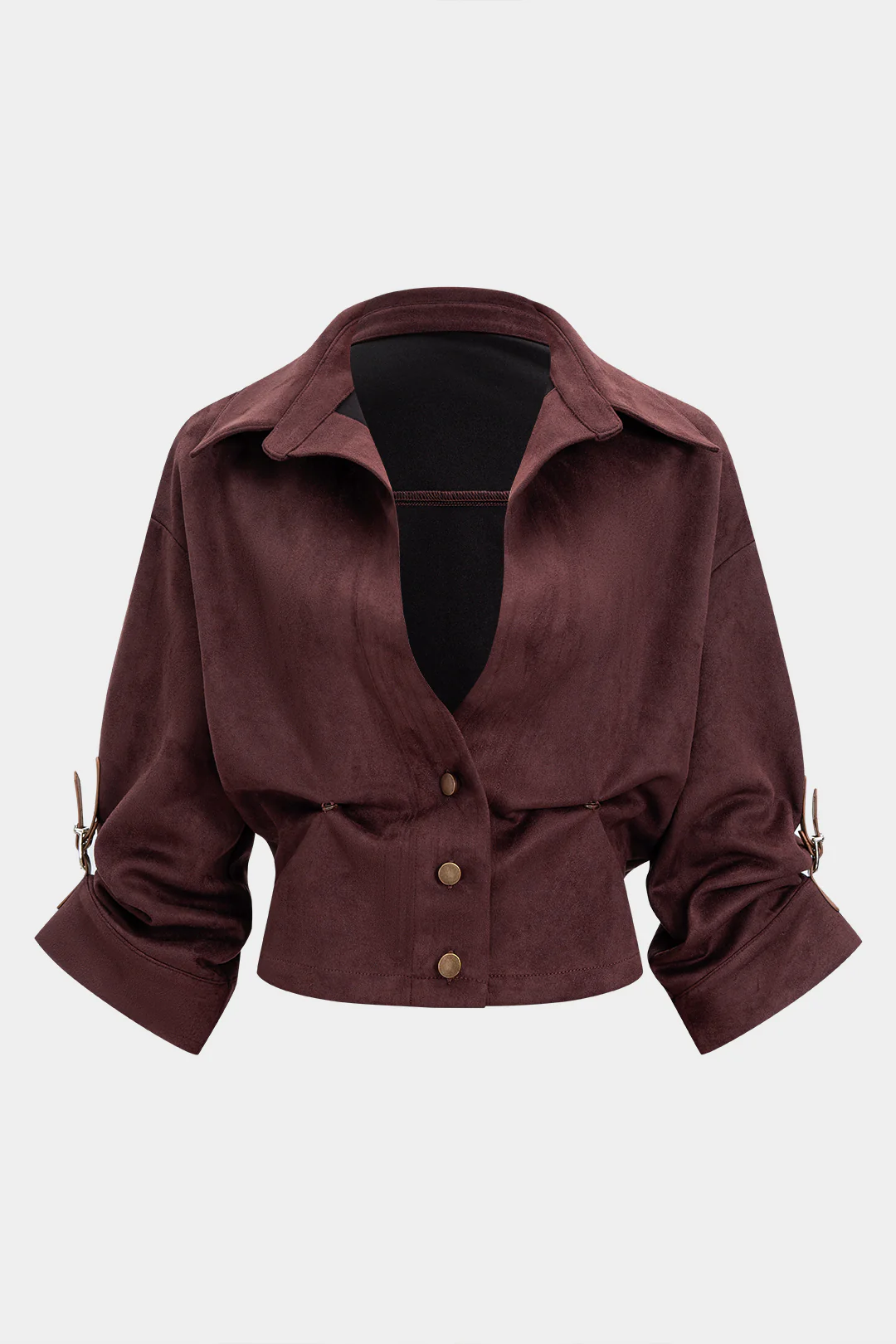 Suede Button Ruched V-Neck Long-Sleeve Shirt