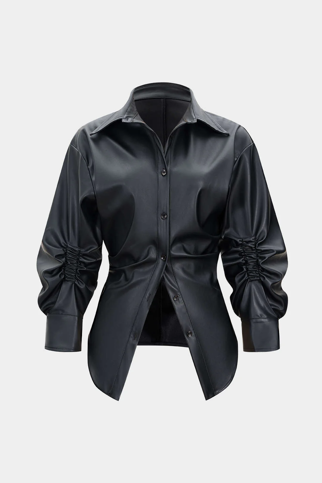 Faux Leather Ruched Button Asymmetrical Shirt