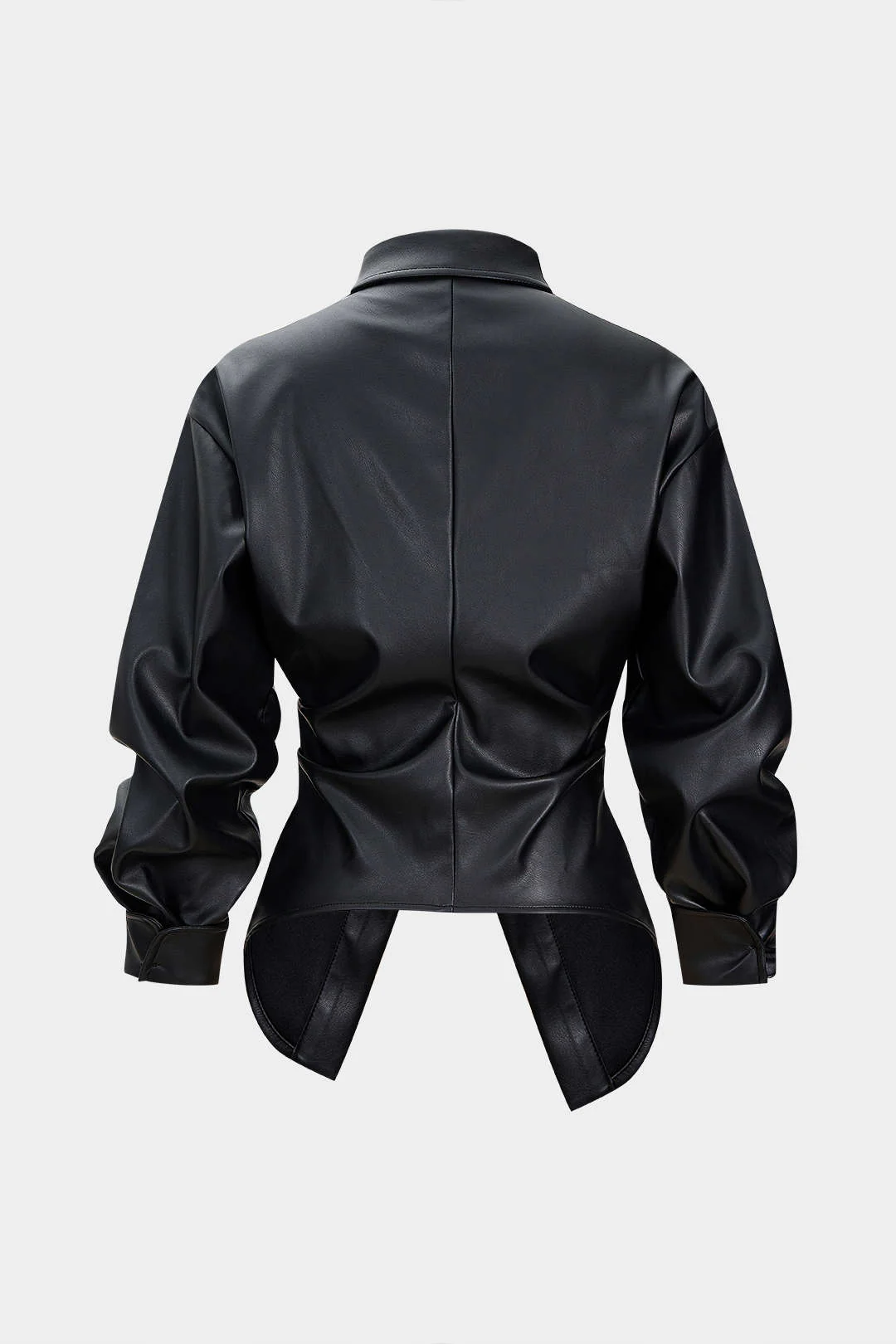 Faux Leather Ruched Button Asymmetrical Shirt - Image 2
