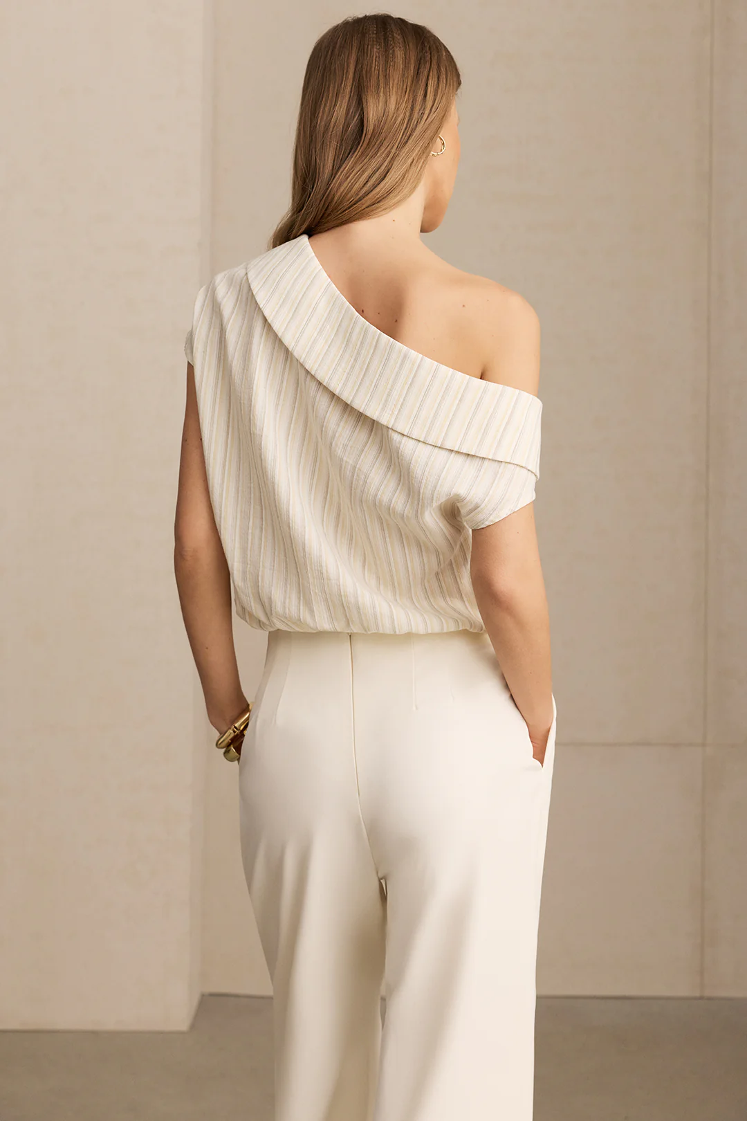 Stripes Print One Shoulder Asymmetrical Lapel Short Sleeve Bodysuit - Image 2
