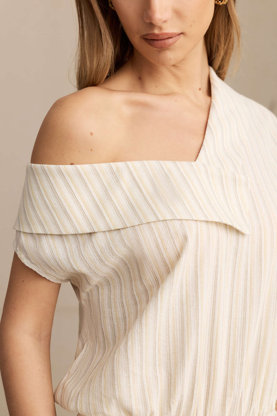 Stripes Print One Shoulder Asymmetrical Lapel Short Sleeve Bodysuit - Image 4