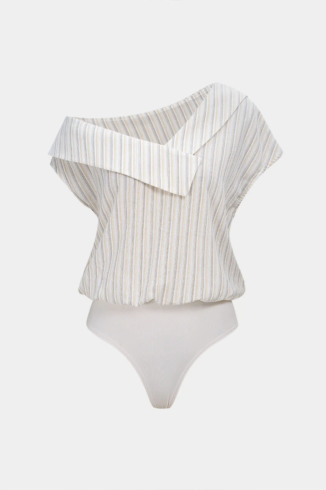 Stripes Print One Shoulder Asymmetrical Lapel Short Sleeve Bodysuit - Image 6