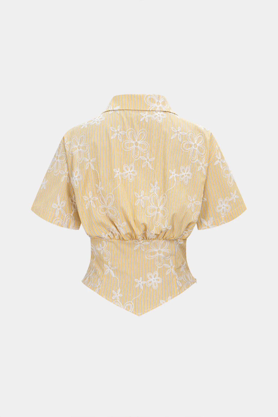 Stripes Floral Print Textured V-Neck Ruched Short-Sleeve Shirt - Image 2