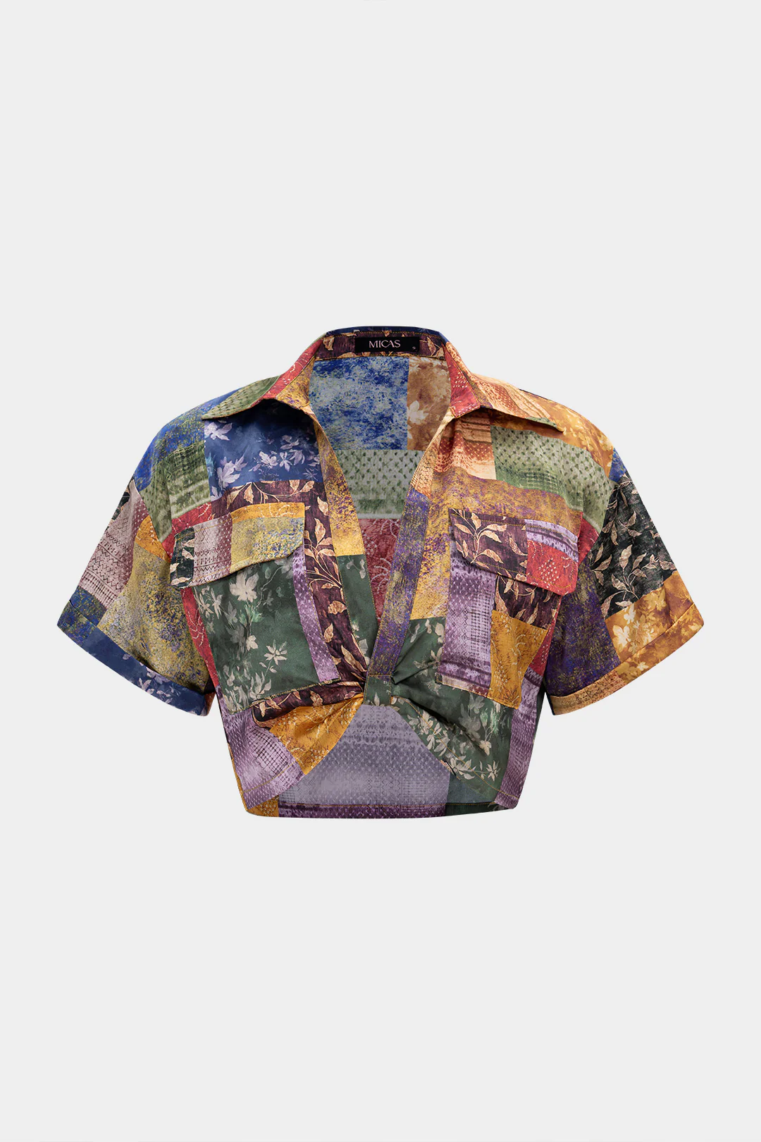 Patchwork Print Satin V-Neck Ruched Short Sleeve Top