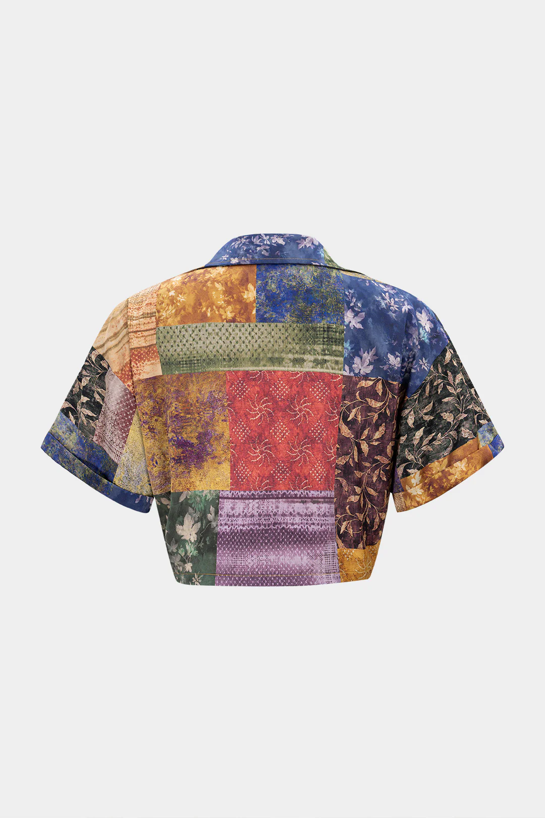 Patchwork Print Satin V-Neck Ruched Short Sleeve Top - Image 2