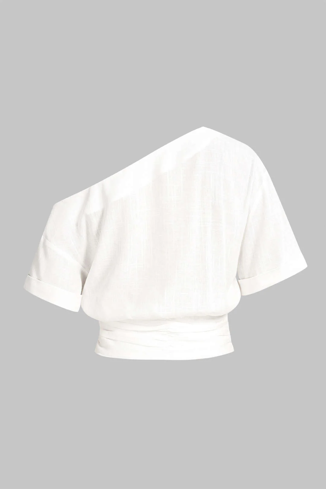 Linen One Shoulder Ruched Short-Sleeve Shirt - Image 2