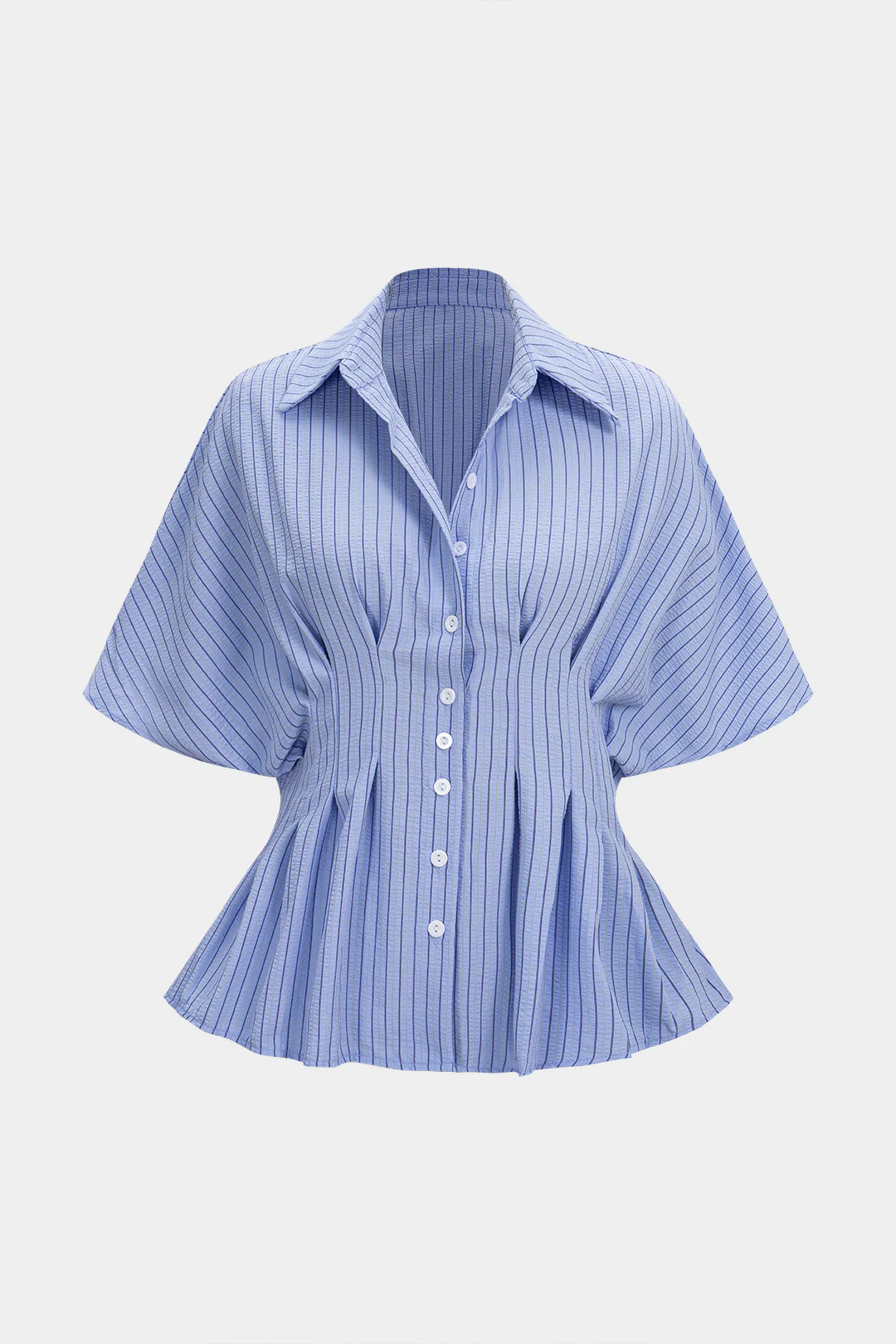 Stripes Print Lapel Ruched Short Sleeve Shirt