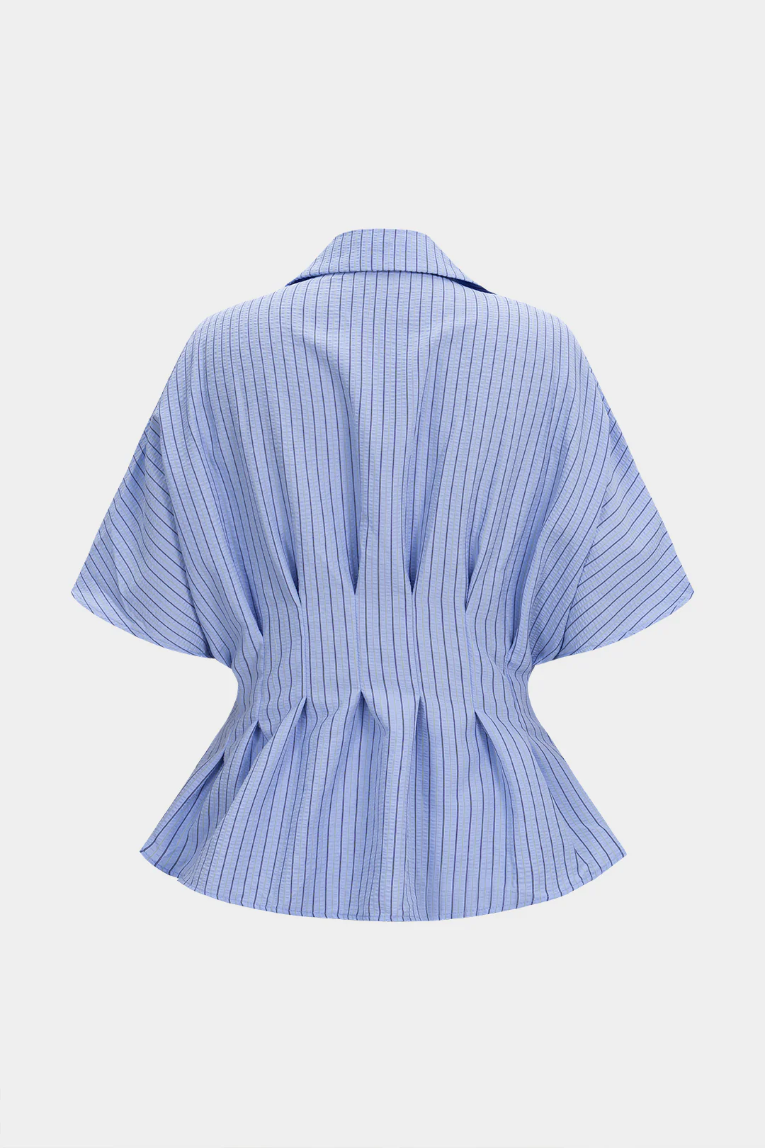 Stripes Print Lapel Ruched Short Sleeve Shirt - Image 2