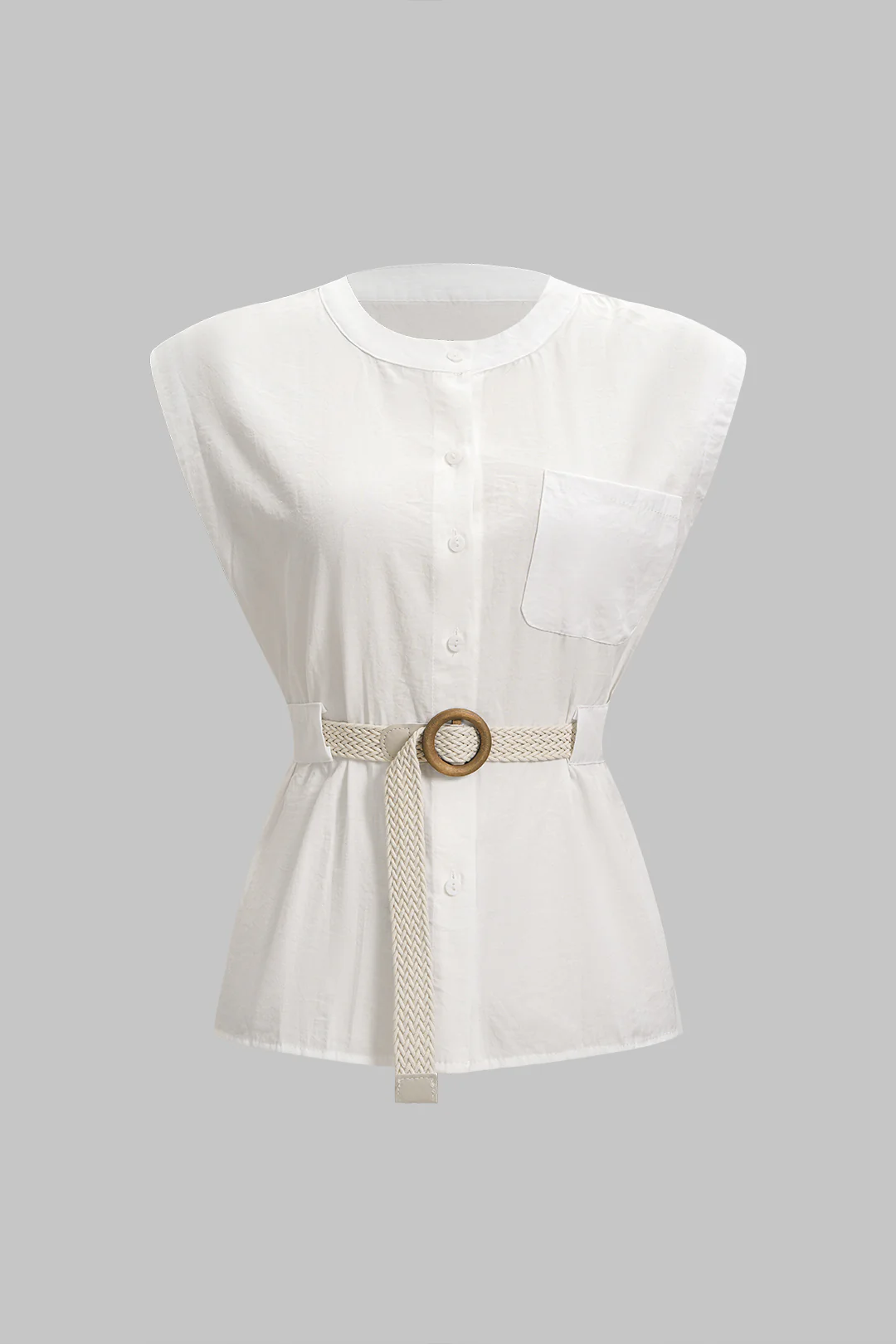 Round Neck Belted Pocket Sleeveless Top