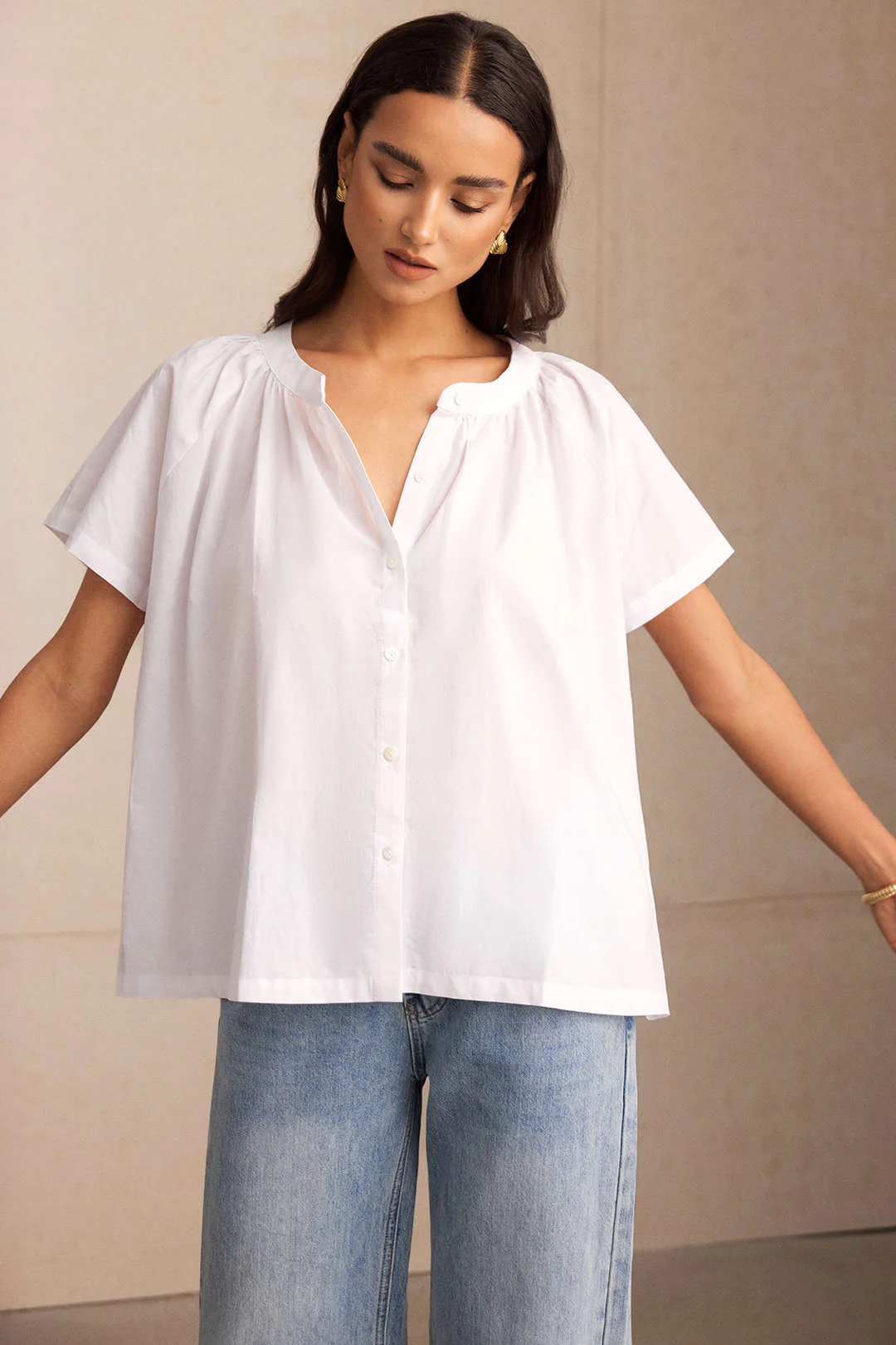 Round Neck Button Batwing Short-Sleeve Shirt - Image 2