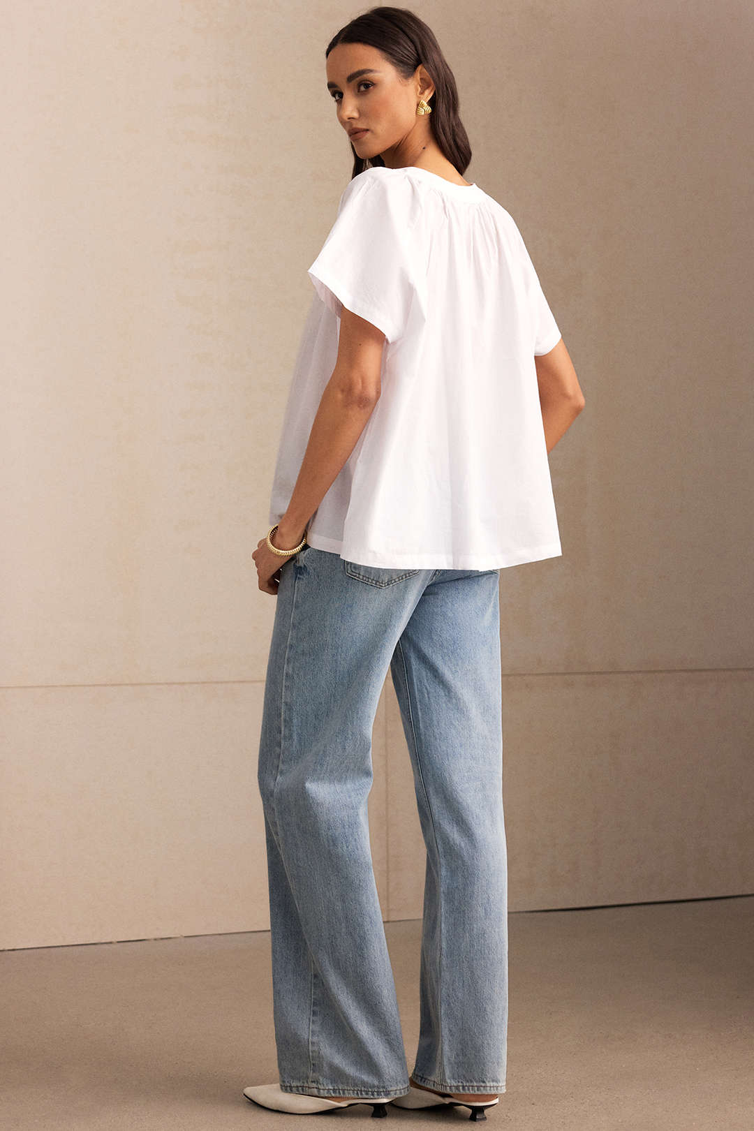 Round Neck Button Batwing Short-Sleeve Shirt - Image 4