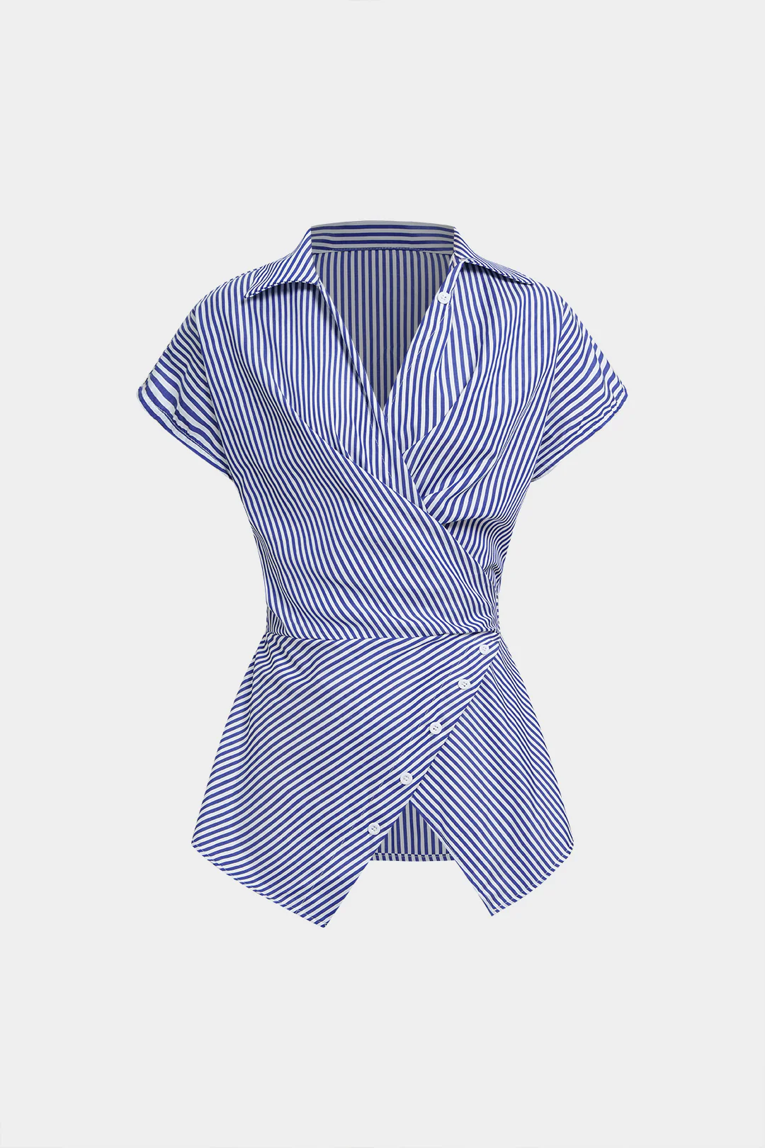 Striped V-Neck Asymmetrical Tie Back Short-Sleeve Shirt