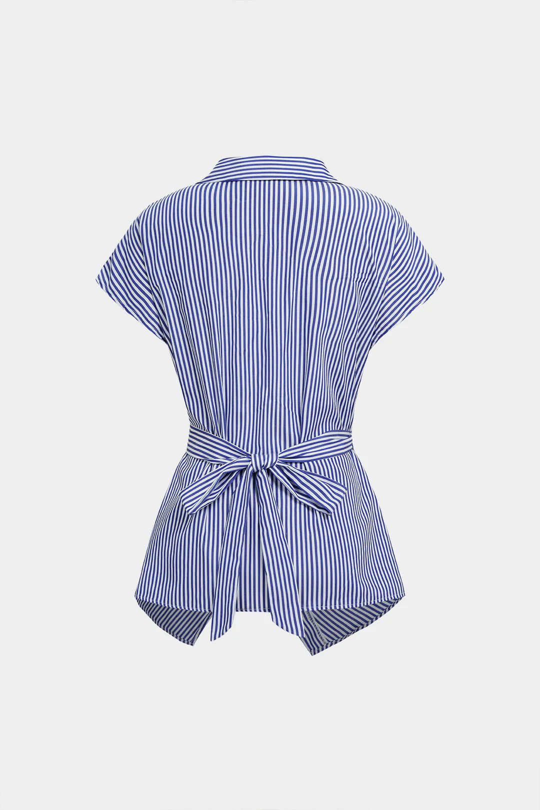 Striped V-Neck Asymmetrical Tie Back Short-Sleeve Shirt - Image 2