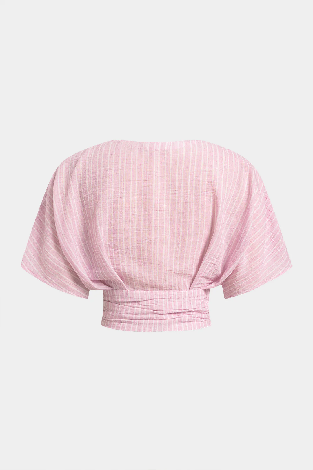 Stripes Print V-Neck Hook And Eye Ruched Short-Sleeve Shirt - Image 2
