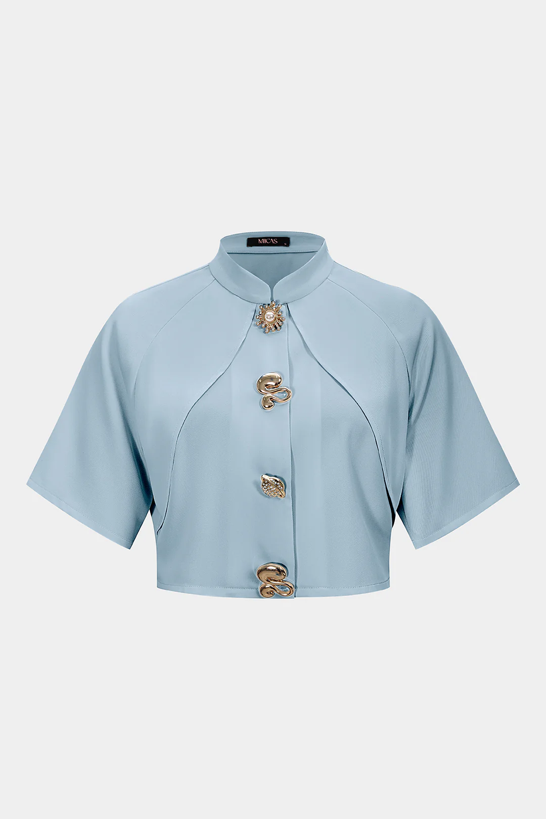 Plus Size Mock Neck Irregular Metallic Short-Sleeve Shirt - Image 2