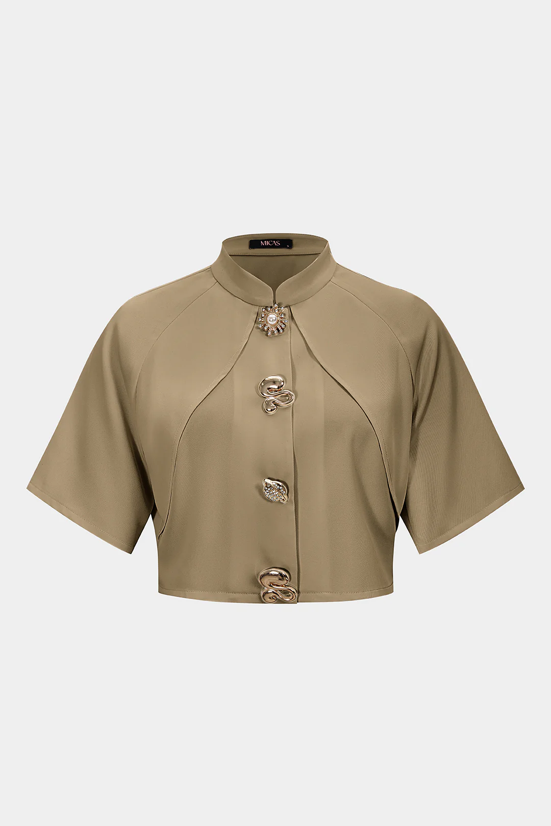 Plus Size Mock Neck Irregular Metallic Short-Sleeve Shirt - Image 6
