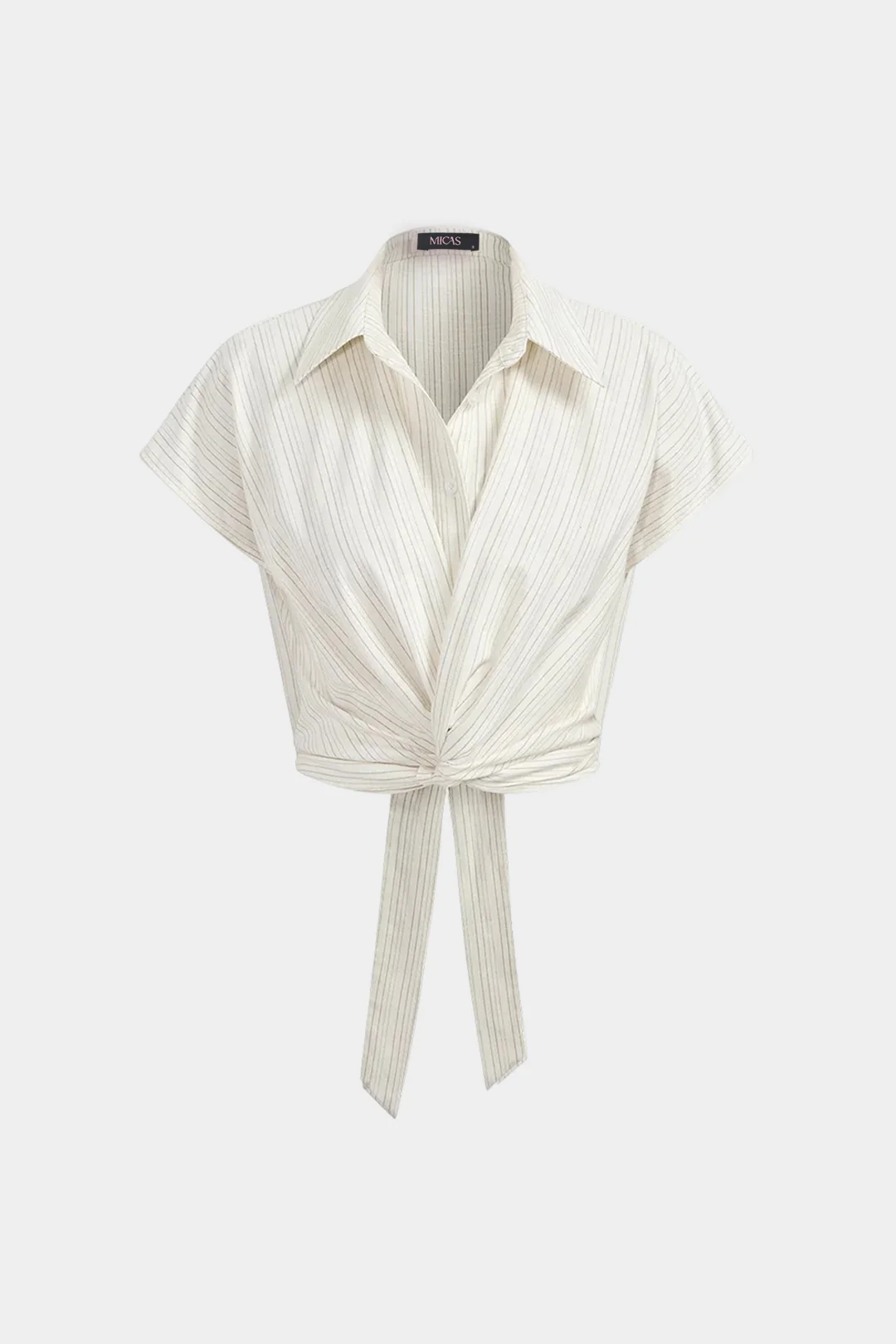 Stripes Print Lapel Button Twist Knot Short-Sleeve Shirt