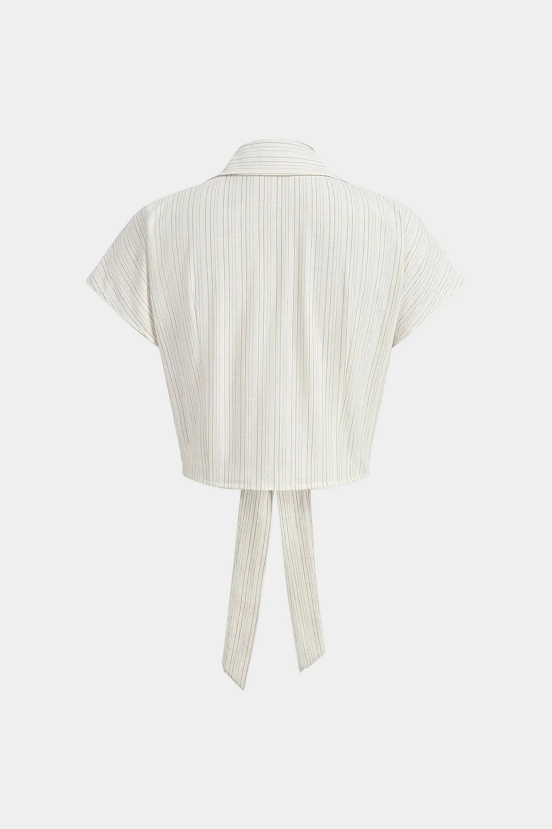 Stripes Print Lapel Button Twist Knot Short-Sleeve Shirt - Image 2