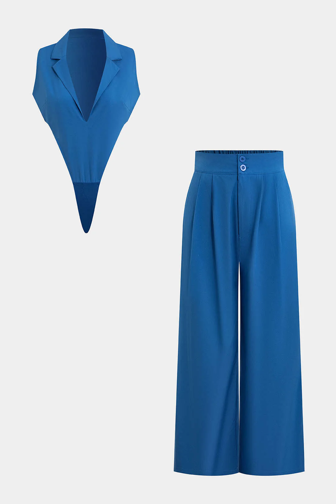 Deep V-Neck Lapel Sleeveless Bodysuit And Wide Leg Pants Set - Image 3