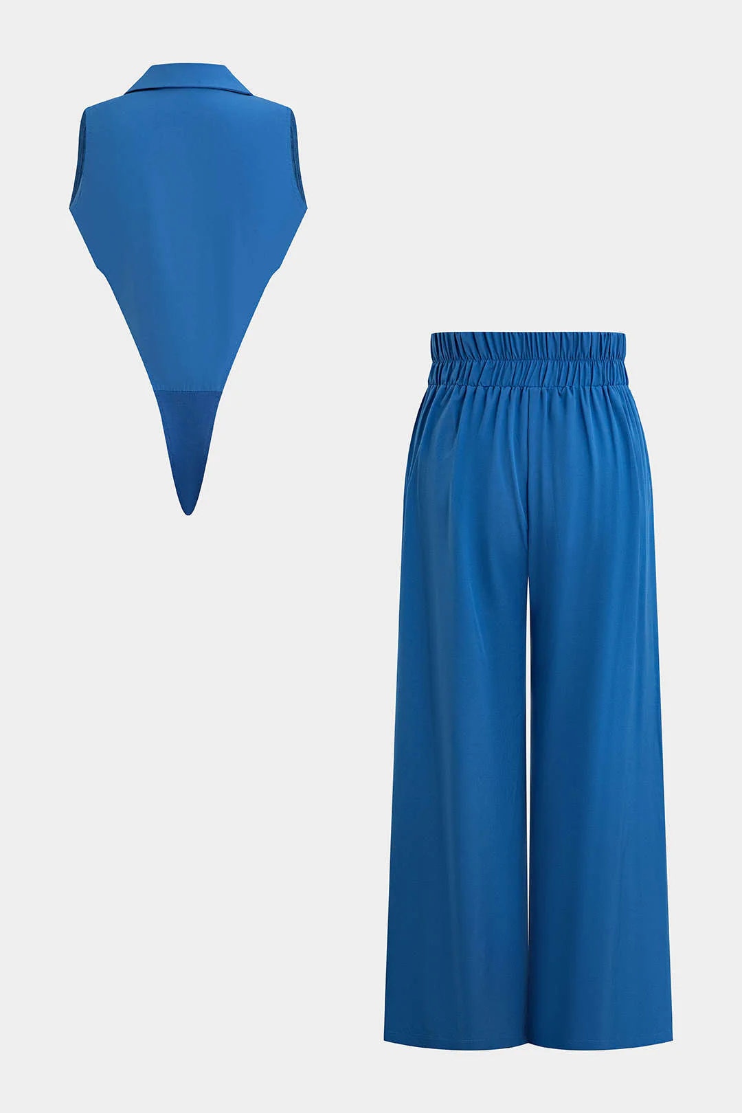Deep V-Neck Lapel Sleeveless Bodysuit And Wide Leg Pants Set - Image 4