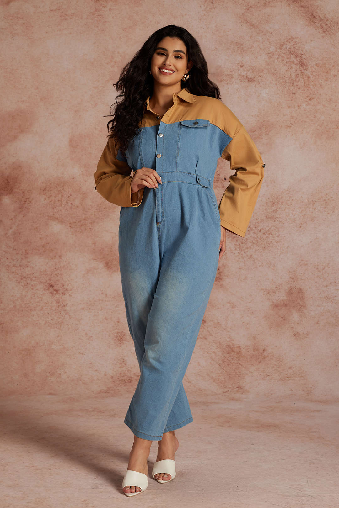 Plus Size Color Block Long Sleeve Jumpsuit