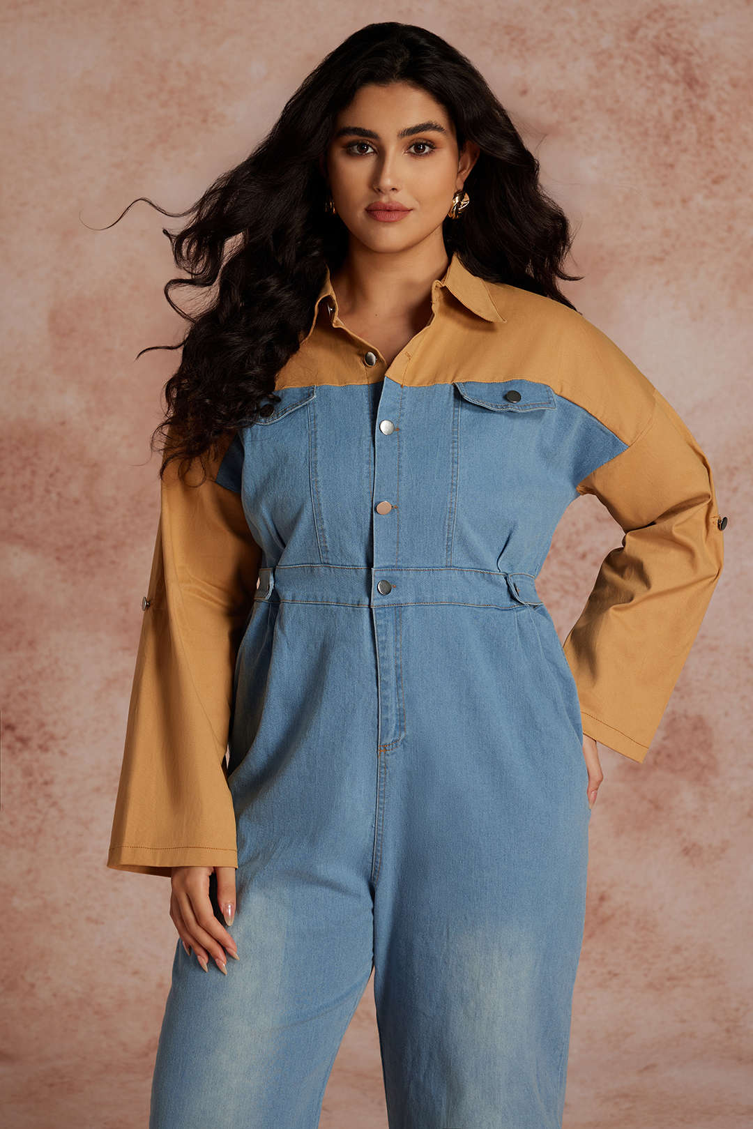 Plus Size Color Block Long Sleeve Jumpsuit - Image 3