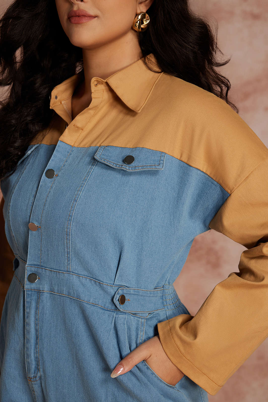 Plus Size Color Block Long Sleeve Jumpsuit - Image 4